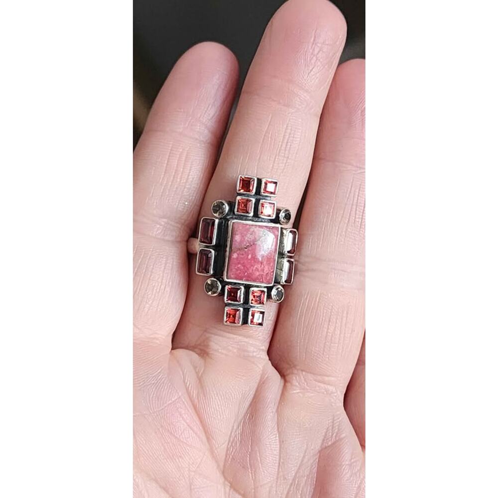 Vintage Signed NB 925 Sterling Silver &Rhodochrosite with Garnets Ring Size 11.5